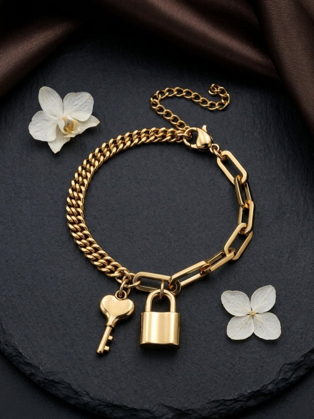 Padlock Heart Key Charm Bracelet Gold Layered Curb Paperclip Chain Adj 6-8"